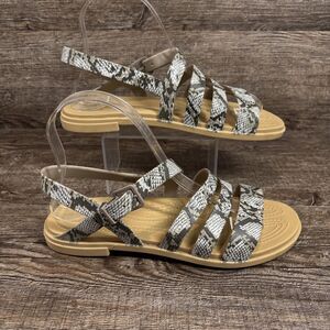 Crocs Tulum Sandals Women's 7 Gray Snake Strappy Ankle Flat Comfort Shoes 206107
